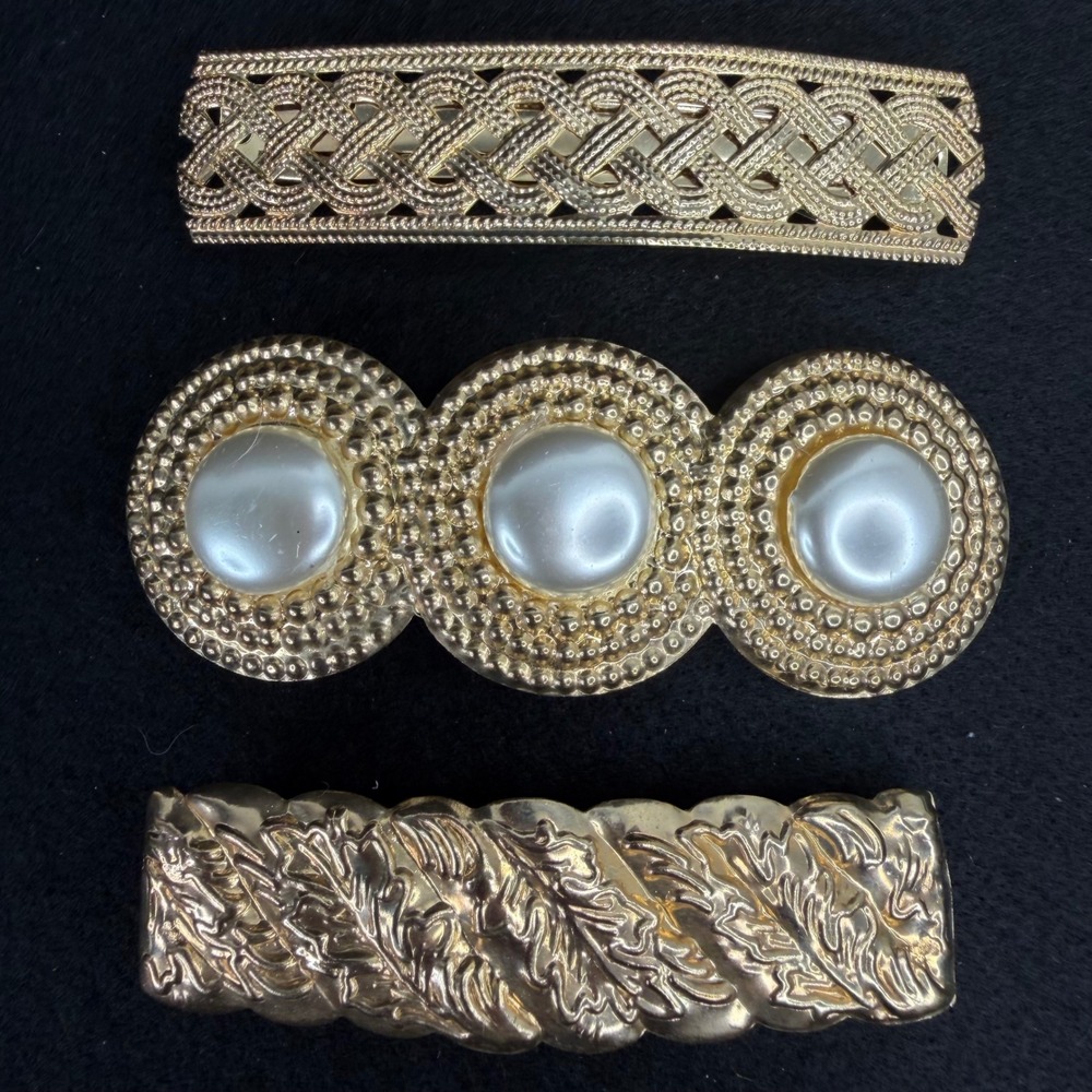 Vintage 80s 90s Gold Tone Faux Pearl Hair Barrette Set Lattice 3pc Clip 3.5"